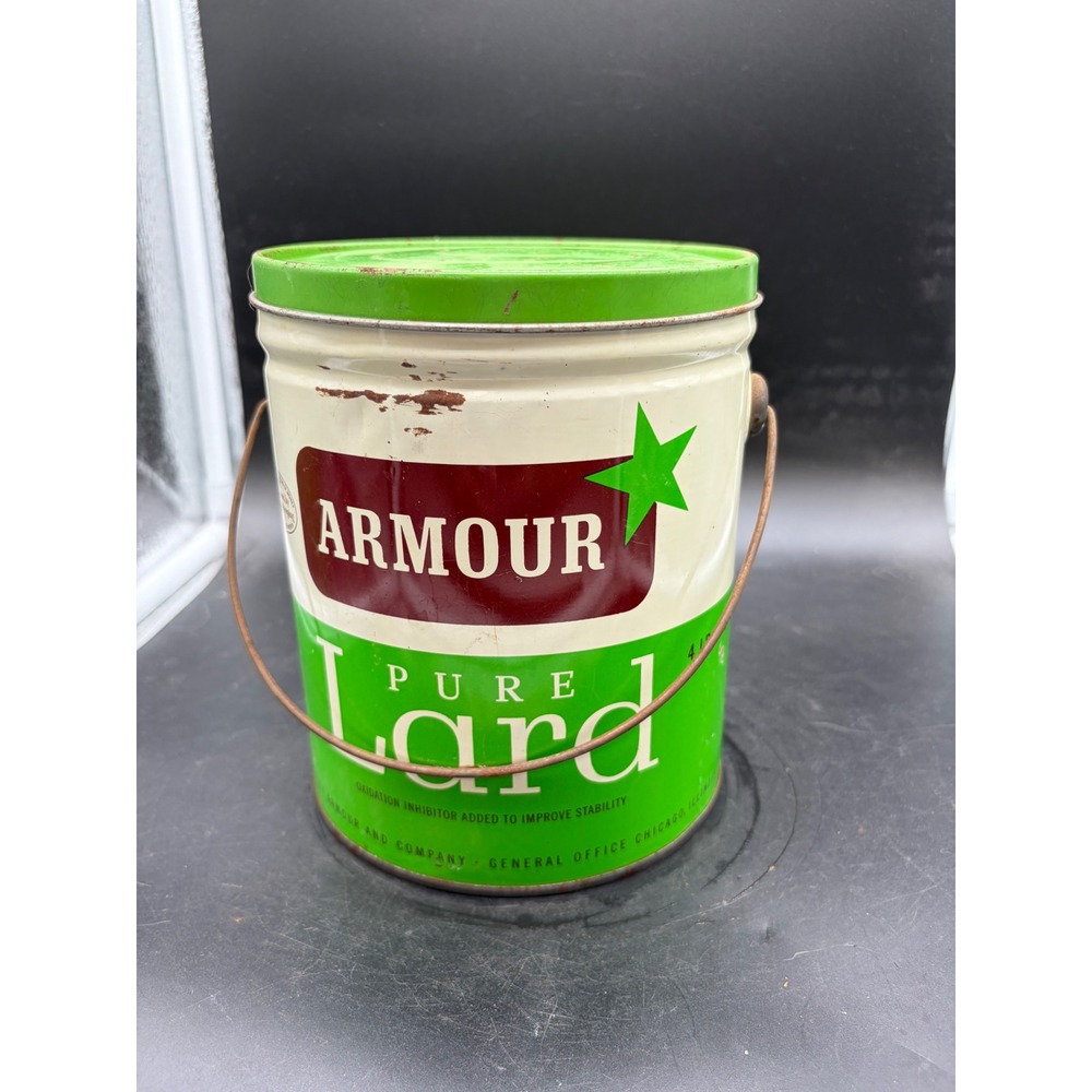 Vintage Armour Pure Lard 4lb Tin Pail with Lid and Recipes Farmhouse Decor